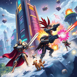 An artistic representation of a dynamic and colorful video game environment, featuring a futuristic cityscape with towering skyscrapers and neon lights