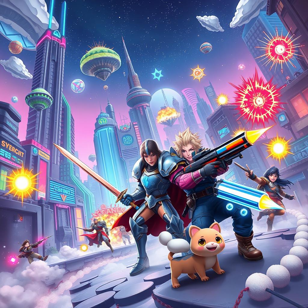 An artistic representation of a dynamic and colorful video game environment, featuring a futuristic cityscape with towering skyscrapers and neon lights