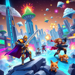 An artistic representation of a dynamic and colorful video game environment, featuring a futuristic cityscape with towering skyscrapers and neon lights