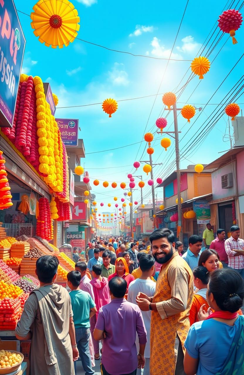 A vibrant street scene depicting a bustling mithai (Indian sweets) shop, with colorful varieties of sweets displayed