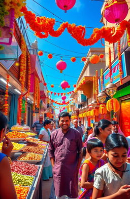 A vibrant street scene depicting a bustling mithai (Indian sweets) shop, with colorful varieties of sweets displayed