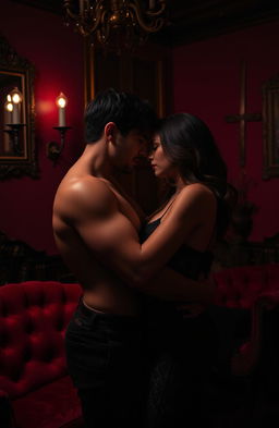 A dark romance scene capturing an intimate moment between two lovers with a six-year age gap, set in a room with deep crimson walls