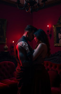 A dark romance scene capturing an intimate moment between two lovers with a six-year age gap, set in a room with deep crimson walls