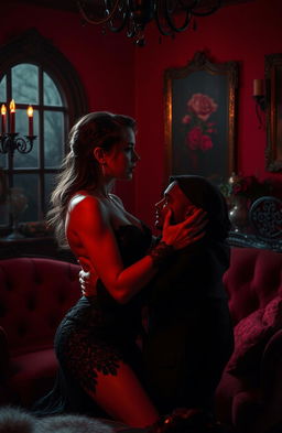 A dark romance scene capturing an intimate moment between two lovers with a six-year age gap, set in a room with deep crimson walls