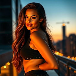 A captivating and alluring profile of a sexy woman, with long flowing hair, sultry eyes, and a confident smile