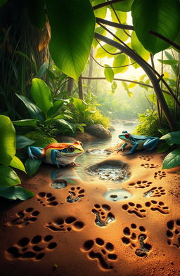 A vibrant and lush nature scene featuring colorful frogs (ranitas) sitting on leaves, surrounded by rich greenery