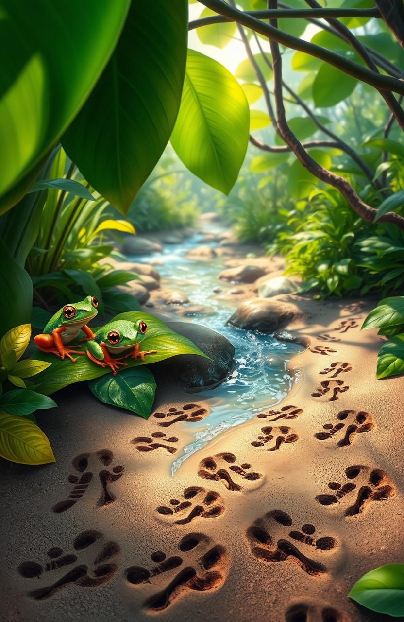 A vibrant and lush nature scene featuring colorful frogs (ranitas) sitting on leaves, surrounded by rich greenery