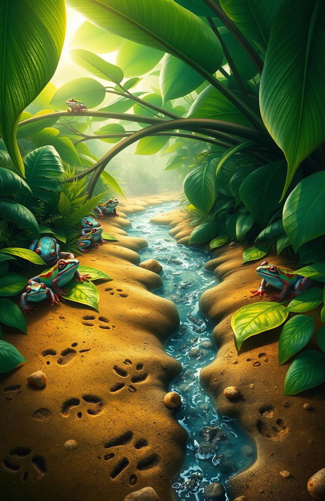 A vibrant and lush nature scene featuring colorful frogs (ranitas) sitting on leaves, surrounded by rich greenery