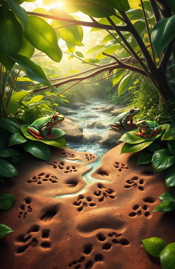A vibrant and lush nature scene featuring colorful frogs (ranitas) sitting on leaves, surrounded by rich greenery