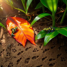 A vibrant nature scene showcasing harlequin frogs (ranitas arlequín) perched on colorful tropical leaves, displaying their striking patterns