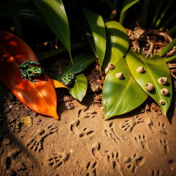 A vibrant nature scene showcasing harlequin frogs (ranitas arlequín) perched on colorful tropical leaves, displaying their striking patterns