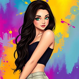 An enchanting avatar of a sexy brunette girl with long, wavy hair cascading down her shoulders
