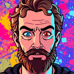 A pixel art depiction of a man with a beard and curly hair, showcasing a striking visual contrast