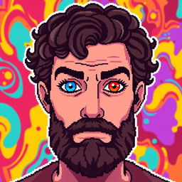 A pixel art depiction of a man with a beard and curly hair, showcasing a striking visual contrast