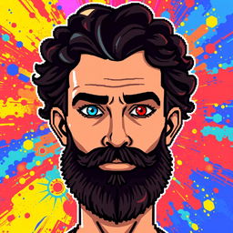 A pixel art depiction of a man with a beard and curly hair, showcasing a striking visual contrast