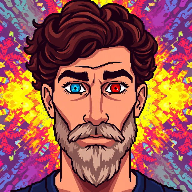 A pixel art depiction of a man with a beard and curly hair, showcasing a striking visual contrast