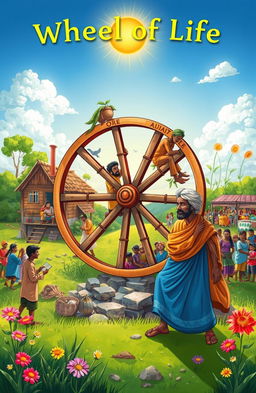 A vibrant and detailed illustration of the 'Wheel of Life' featuring a poor man navigating different stages and challenges of life