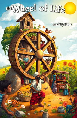 A vibrant and detailed illustration of the 'Wheel of Life' featuring a poor man navigating different stages and challenges of life