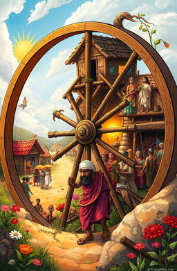 A vibrant and detailed illustration of the 'Wheel of Life' featuring a poor man navigating different stages and challenges of life