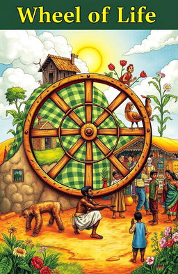 A vibrant and detailed illustration of the 'Wheel of Life' featuring a poor man navigating different stages and challenges of life