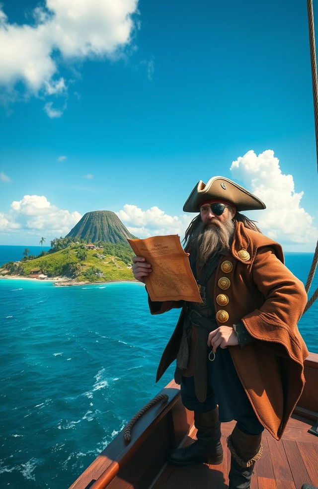 A daring pirate holding a weathered map, standing on the bow of a classic wooden ship sailing towards a mysterious, lush green island