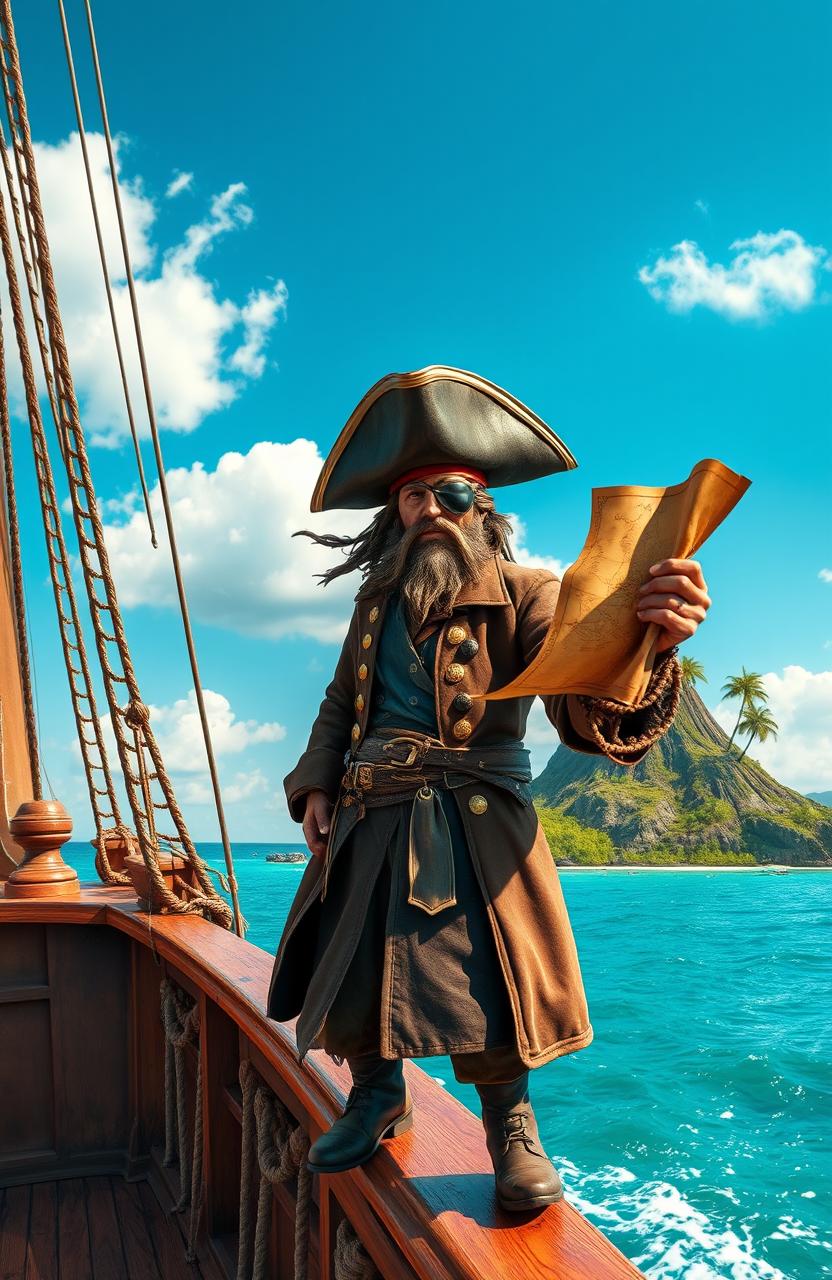 A daring pirate holding a weathered map, standing on the bow of a classic wooden ship sailing towards a mysterious, lush green island