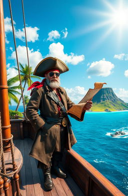 A daring pirate holding a weathered map, standing on the bow of a classic wooden ship sailing towards a mysterious, lush green island
