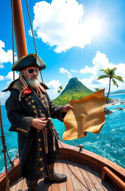 A daring pirate holding a weathered map, standing on the bow of a classic wooden ship sailing towards a mysterious, lush green island