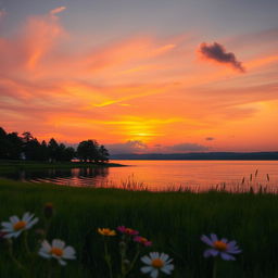 A serene landscape showcasing a beautiful sunset over a tranquil lake