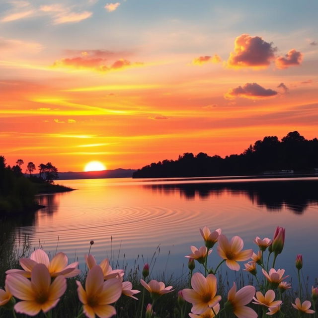 A serene landscape showcasing a beautiful sunset over a tranquil lake