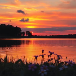 A serene landscape showcasing a beautiful sunset over a tranquil lake