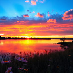 A serene landscape showcasing a beautiful sunset over a tranquil lake