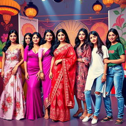 A vibrant and colorful fashion scene featuring a group of stunning Indian women showcasing a variety of traditional and modern outfits