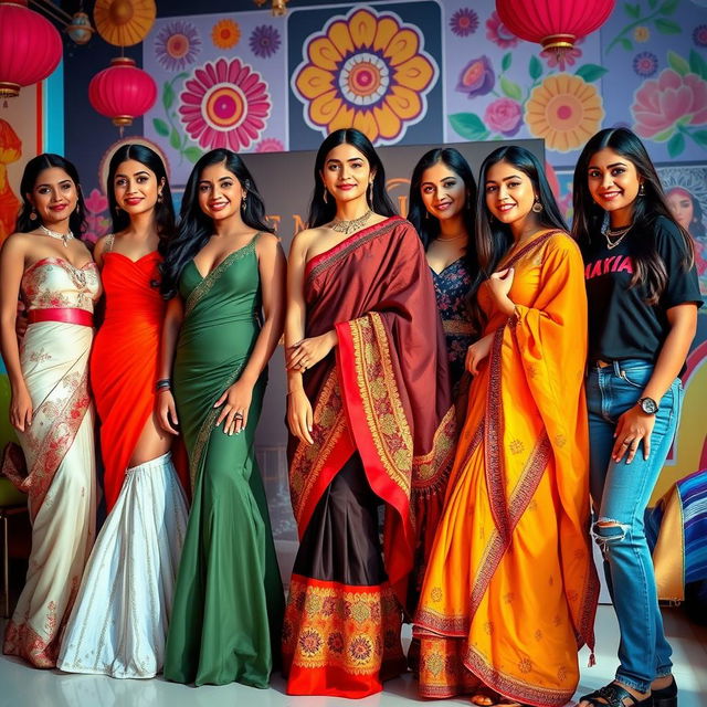 A vibrant and colorful fashion scene featuring a group of stunning Indian women showcasing a variety of traditional and modern outfits