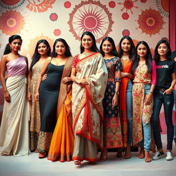 A vibrant and colorful fashion scene featuring a group of stunning Indian women showcasing a variety of traditional and modern outfits
