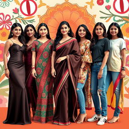 A vibrant and colorful fashion scene featuring a group of stunning Indian women showcasing a variety of traditional and modern outfits