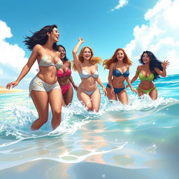 A serene and artistic representation of a group of friends enjoying a day at the beach, where they are playfully splashing in the water and laughing under the sun