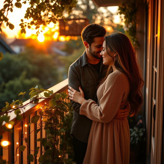 An intimate scene of a couple sharing a romantic moment on a cozy balcony at sunset, the warm golden light enveloping them