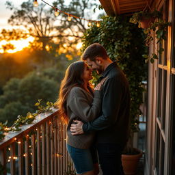 An intimate scene of a couple sharing a romantic moment on a cozy balcony at sunset, the warm golden light enveloping them