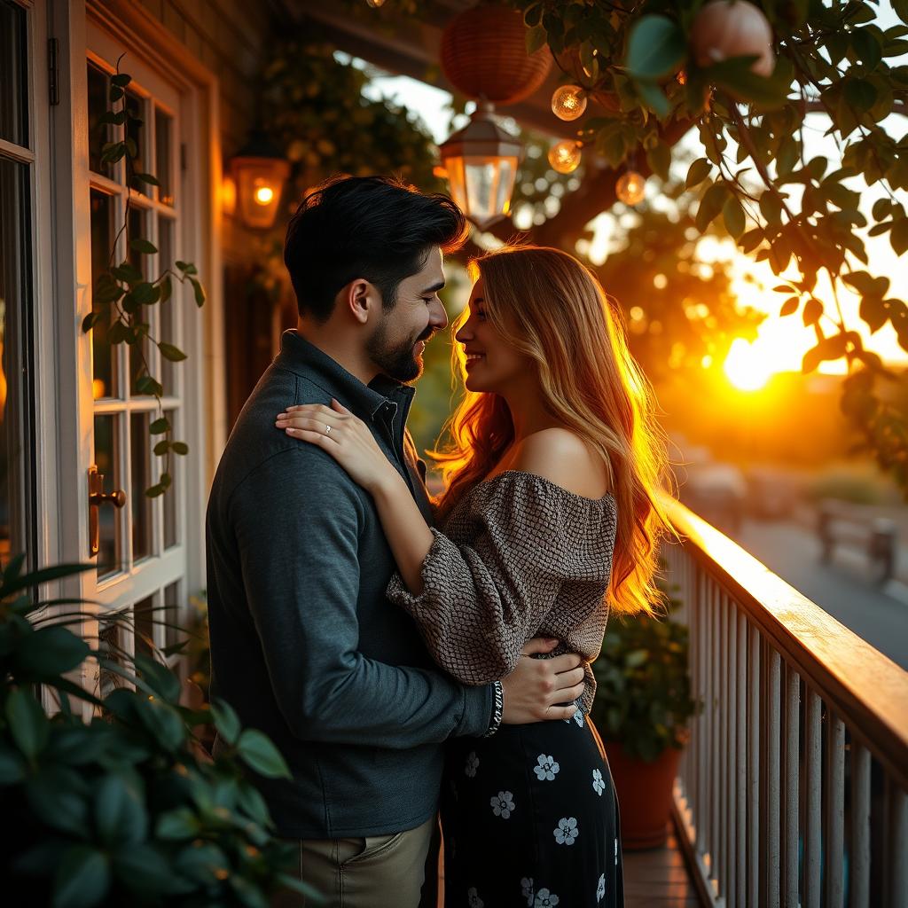 An intimate scene of a couple sharing a romantic moment on a cozy balcony at sunset, the warm golden light enveloping them