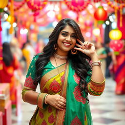 A playful and vibrant scene featuring a fashionable Indian woman in her 30s, confidently posing in a colorful traditional outfit