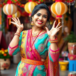 A playful and vibrant scene featuring a fashionable Indian woman in her 30s, confidently posing in a colorful traditional outfit