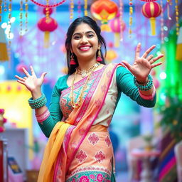 A playful and vibrant scene featuring a fashionable Indian woman in her 30s, confidently posing in a colorful traditional outfit