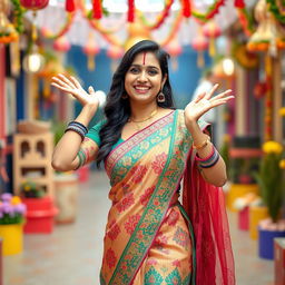 A playful and vibrant scene featuring a fashionable Indian woman in her 30s, confidently posing in a colorful traditional outfit