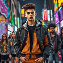 A young and charismatic leader, standing confidently with an air of authority, representing all groups in a vibrant urban scene