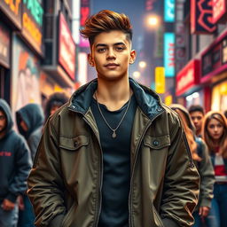 A young and charismatic leader, standing confidently with an air of authority, representing all groups in a vibrant urban scene