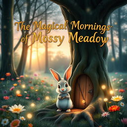 A magical meadow scene at dawn with tall, twinkling trees and vibrant flowers in a variety of colors