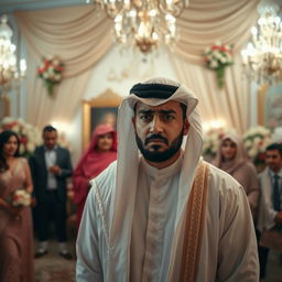 An Arab man in traditional wedding attire, visibly upset during his wedding night