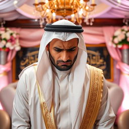 An Arab man in traditional wedding attire, visibly upset during his wedding night