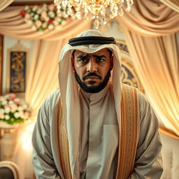 An Arab man in traditional wedding attire, visibly upset during his wedding night